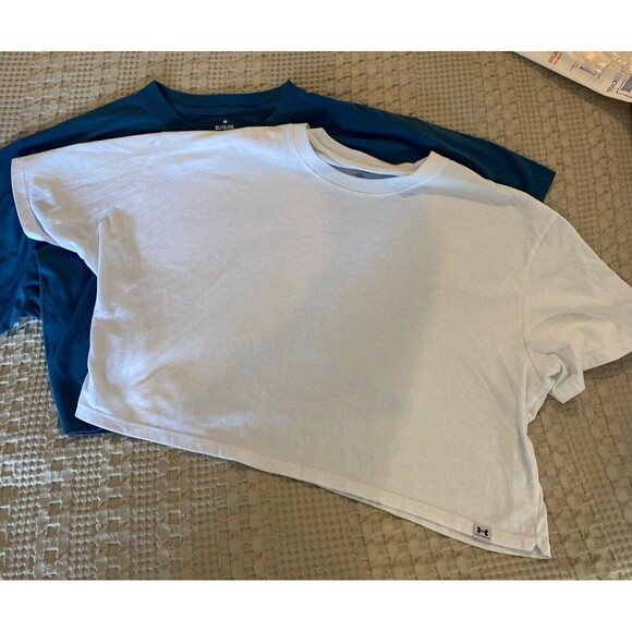 TWO Under Armour Crop Tops Size XL Women’s White & Deep Blue Turquoise EUC - Picture 1 of 12